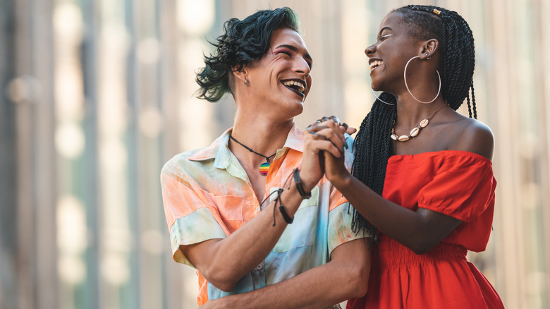 two people laughing